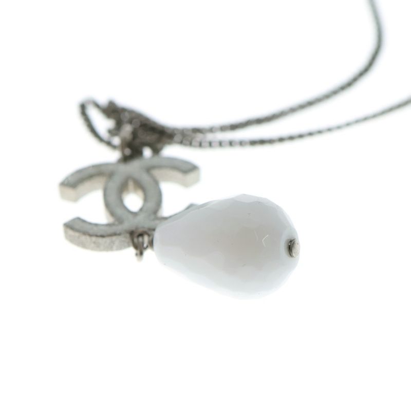 Chanel Coco Mark Teardrop Necklace Pendant Chain White X Silver A43326
