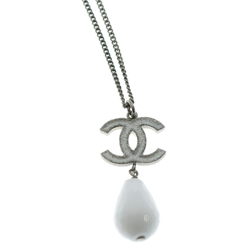 Chanel Coco Mark Teardrop Necklace Pendant Chain White X Silver A43326