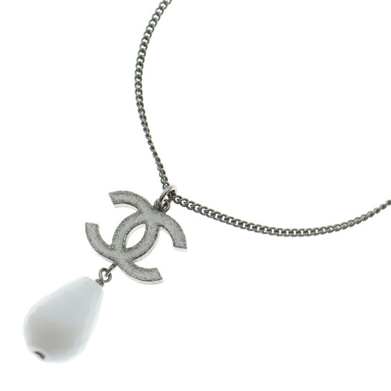 Chanel Coco Mark Teardrop Necklace Pendant Chain White X Silver A43326