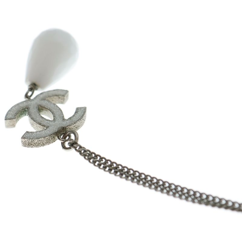 Chanel Coco Mark Teardrop Necklace Pendant Chain White X Silver A43326