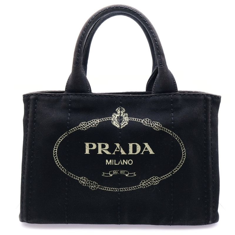 Prada Canapa S Tote Handbag Black Denim Gold Hardware