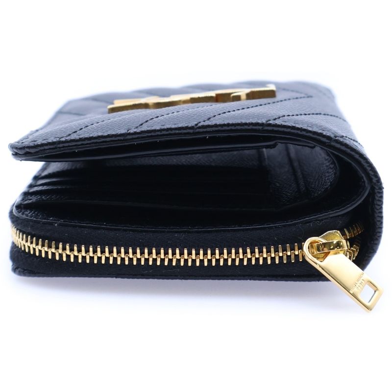 Saint Laurent Paris Cassandra V Stitching Quilted Round Zip Up Leather Compact