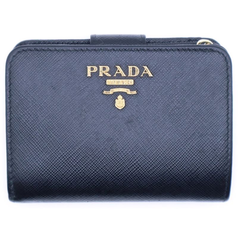 Prada Saffiano Logo Leather Compact Wallet Bifold Wallet Black Gold Gdhardware