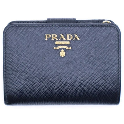 Prada Saffiano Logo Leather Compact Wallet Bifold Wallet Black Gold Gdhardware
