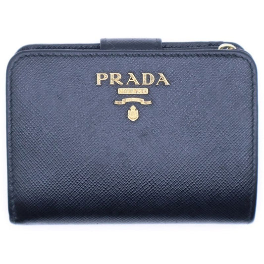 Prada Saffiano Logo Leather Compact Wallet Bifold Wallet Black Gold Gdhardware