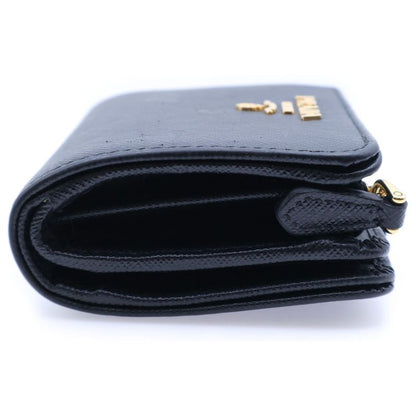 Prada Saffiano Logo Leather Compact Wallet Bifold Wallet Black Gold Gdhardware