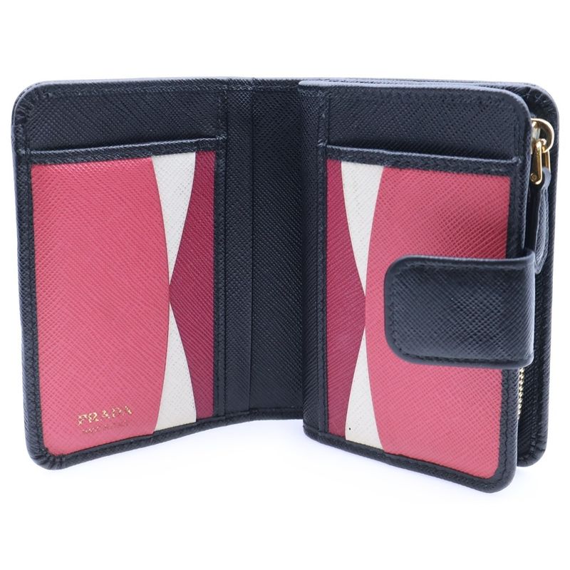 Prada Saffiano Logo Leather Compact Wallet Bifold Wallet Black Gold Gdhardware