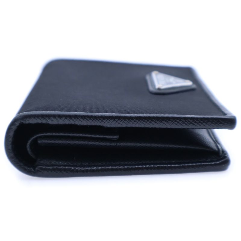 Prada Saffiano Triangle Logo Fold Wallet Compact Wallet Card Case Black Leather