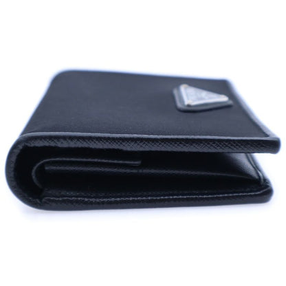 Prada Saffiano Triangle Logo Fold Wallet Compact Wallet Card Case Black Leather