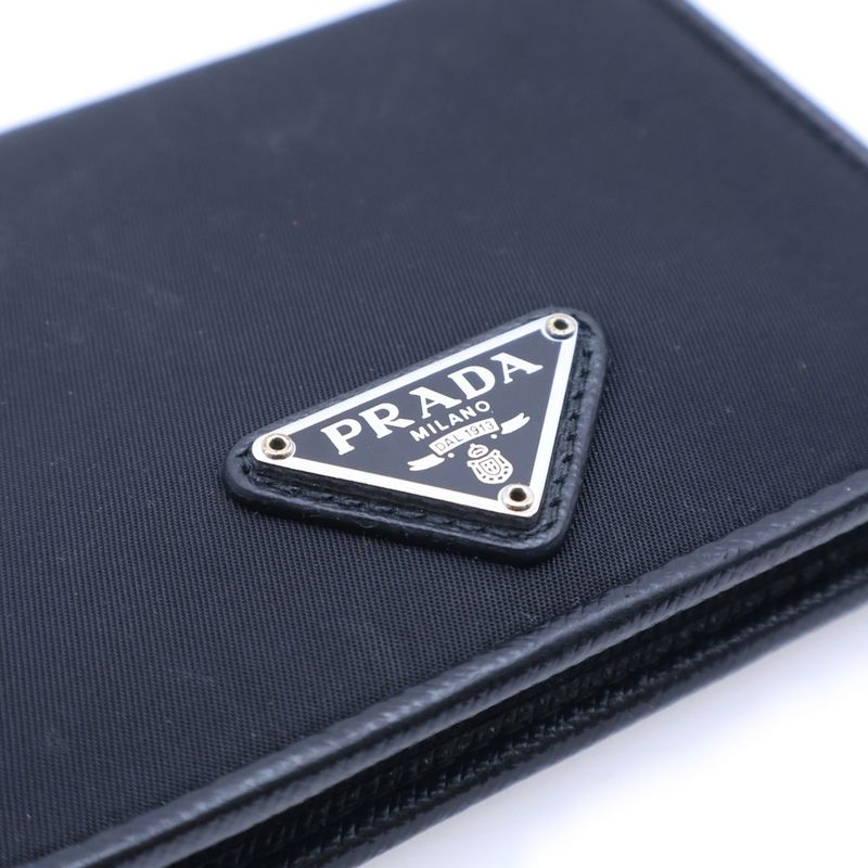 Prada Saffiano Triangle Logo Fold Wallet Compact Wallet Card Case Black Leather