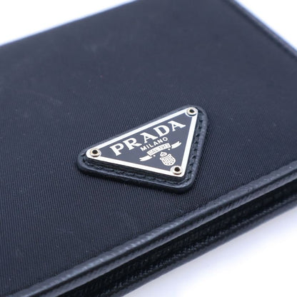 Prada Saffiano Triangle Logo Fold Wallet Compact Wallet Card Case Black Leather