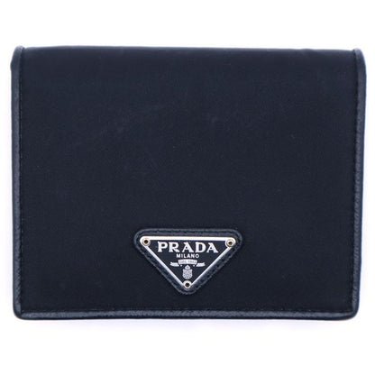 Prada Saffiano Triangle Logo Fold Wallet Compact Wallet Card Case Black Leather