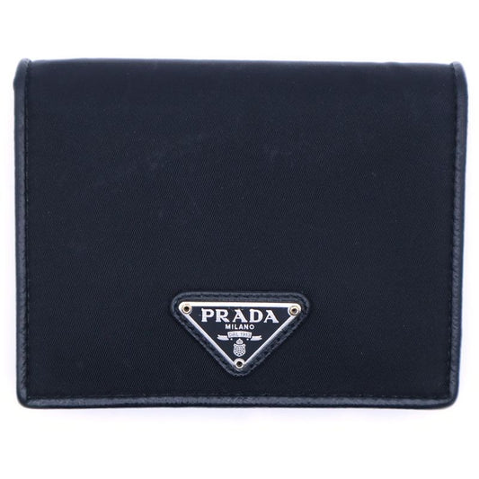 Prada Saffiano Triangle Logo Fold Wallet Compact Wallet Card Case Black Leather