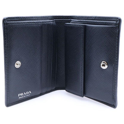 Prada Saffiano Triangle Logo Fold Wallet Compact Wallet Card Case Black Leather