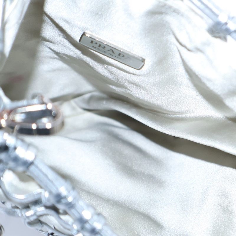 Prada Mesh Shoulder Pouch Drawstring Bag Chain Bag Silver Leather 1bc075 Silver