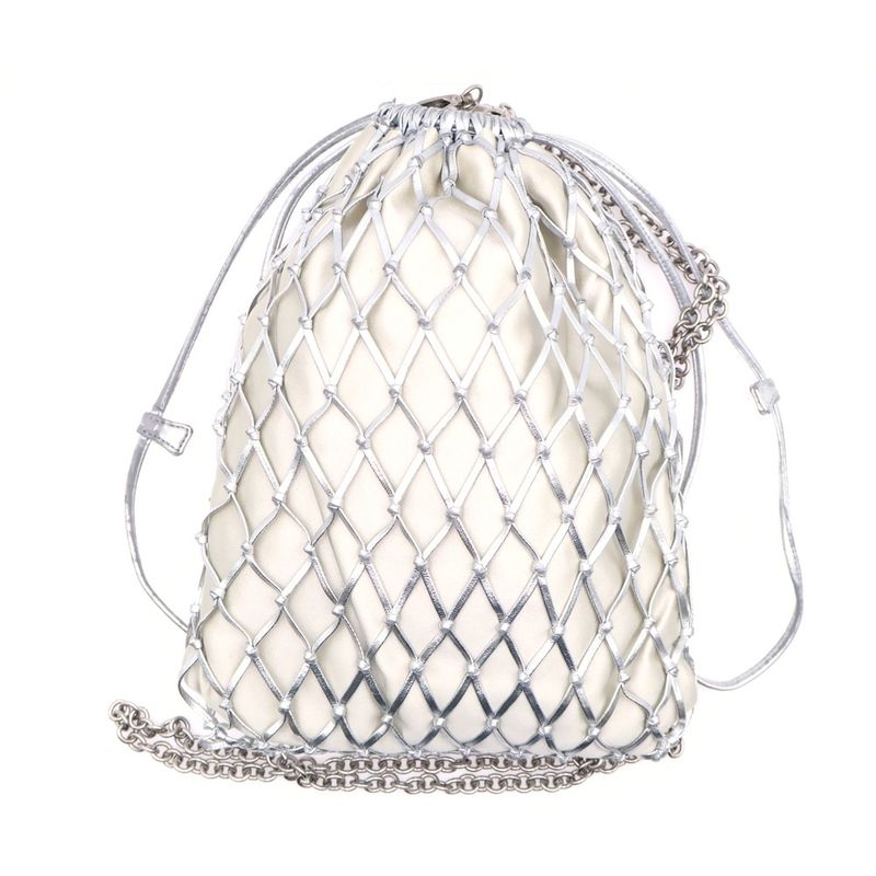 Prada Mesh Shoulder Pouch Drawstring Bag Chain Bag Silver Leather 1bc075 Silver