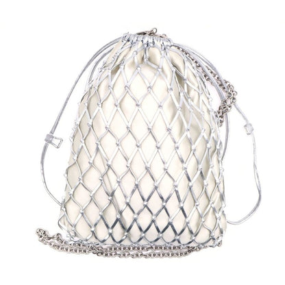 Prada Mesh Shoulder Pouch Drawstring Bag Chain Bag Silver Leather 1bc075 Silver