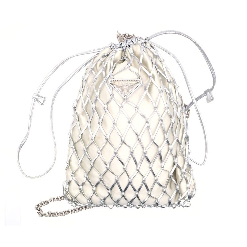 Prada Mesh Shoulder Pouch Drawstring Bag Chain Bag Silver Leather 1bc075 Silver