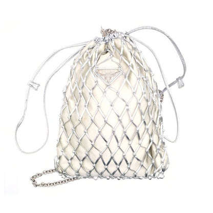Prada Mesh Shoulder Pouch Drawstring Bag Chain Bag Silver Leather 1bc075 Silver