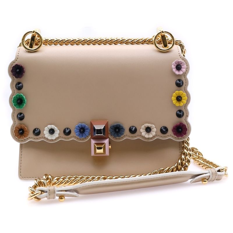 Fendi Canai Flower Mini Chain Shoulder Bag Shoulder Pochette Pink Beige Leather