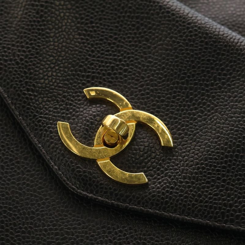 Chanel Outside Flap Coco Mark Turnlock Caviar Skin Leather Shoulder Tote Bag