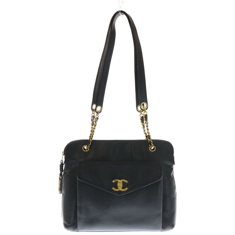 Chanel Outside Flap Coco Mark Turnlock Caviar Skin Leather Shoulder Tote Bag