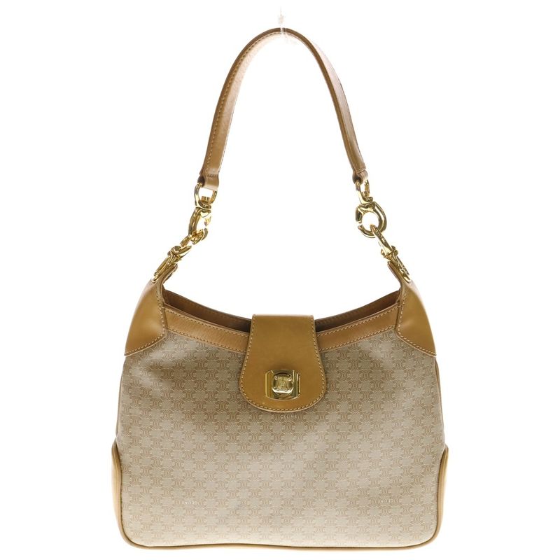 Celine Macadam Pattern Canvas Leather Turnlock One Shoulder Bag Gold Hardware
