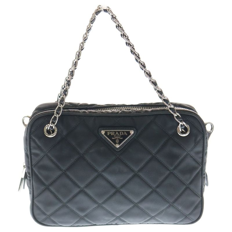 Prada Tessuto Nylon Triangle Logo Plate Saffianoleather Quilted 2WAY Chain Hand