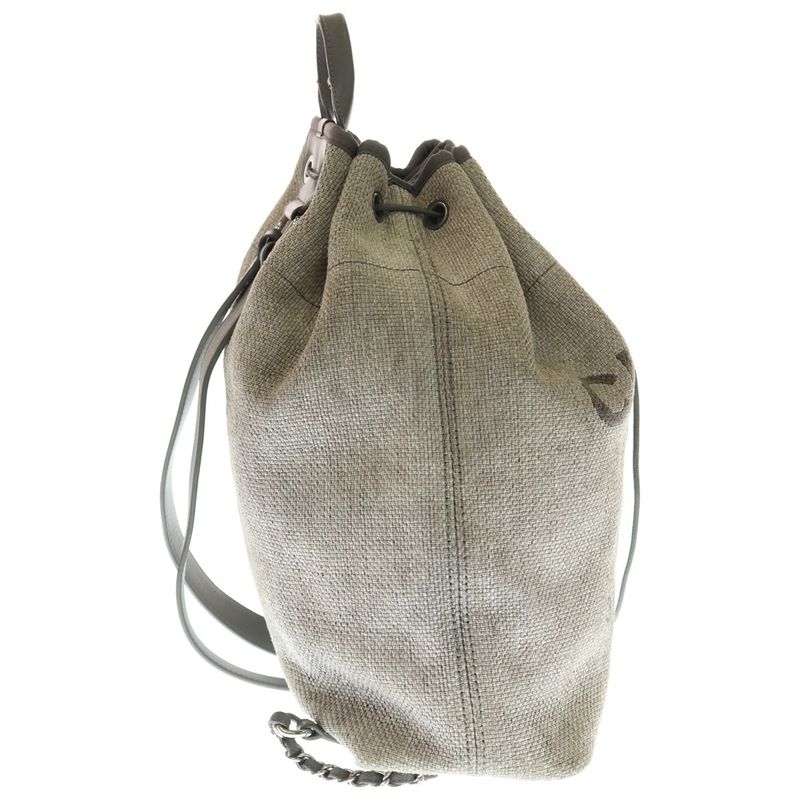 Chanel Deauville Coco Mark Raffia Leather Backpack Sac Silver Hardware Gray