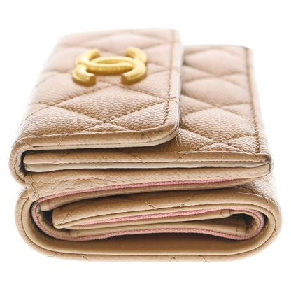 Chanel Matelasse Small Flap Wallet Trifold Wallet Beige Caviar Skin Gold