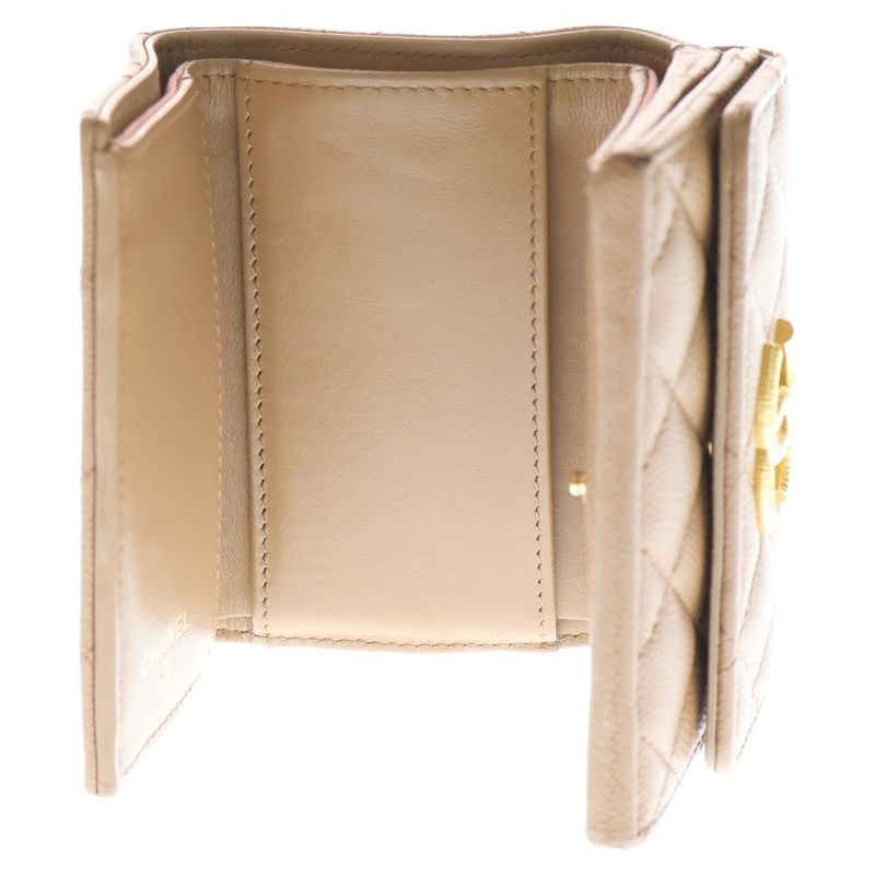 Chanel Matelasse Small Flap Wallet Trifold Wallet Beige Caviar Skin Gold
