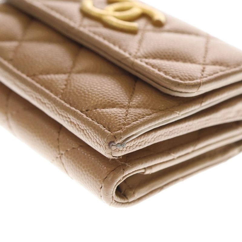 Chanel Matelasse Small Flap Wallet Trifold Wallet Beige Caviar Skin Gold
