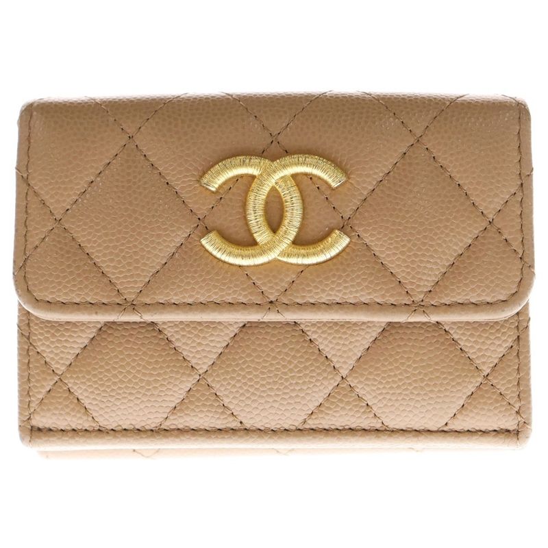 Chanel Matelasse Small Flap Wallet Trifold Wallet Beige Caviar Skin Gold