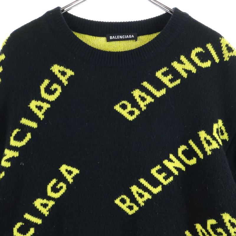 Balenciaga 20AW Allover Logo Jacquard Crewneck Knit Sweater Black 648433 T1567