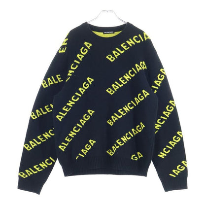 Balenciaga 20AW Allover Logo Jacquard Crewneck Knit Sweater Black 648433 T1567