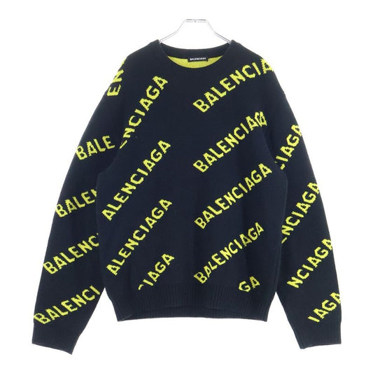 Balenciaga 20AW Allover Logo Jacquard Crewneck Knit Sweater Black 648433 T1567