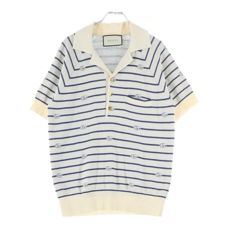 Gucci GG Striped Jacquard Cotton Wool Knit Short-sleeved Polo Shirt Ivory Blue