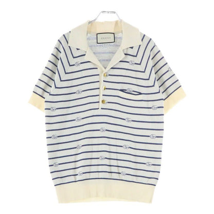 Gucci GG Striped Jacquard Cotton Wool Knit Short-sleeved Polo Shirt Ivory Blue