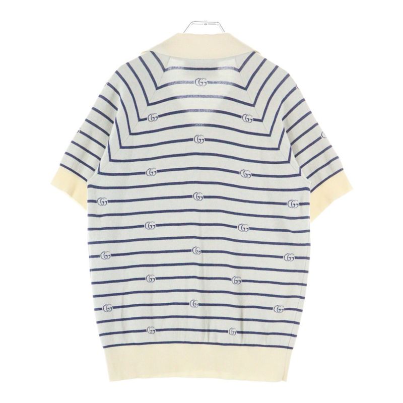 Gucci GG Striped Jacquard Cotton Wool Knit Short-sleeved Polo Shirt Ivory Blue