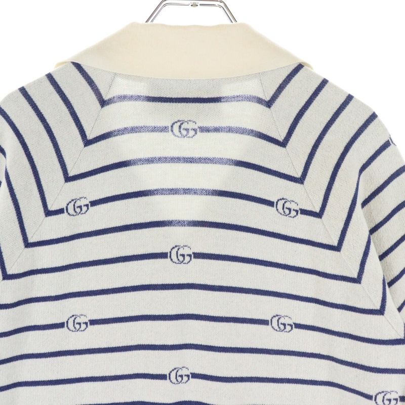 Gucci GG Striped Jacquard Cotton Wool Knit Short-sleeved Polo Shirt Ivory Blue