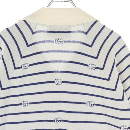Gucci GG Striped Jacquard Cotton Wool Knit Short-sleeved Polo Shirt Ivory Blue