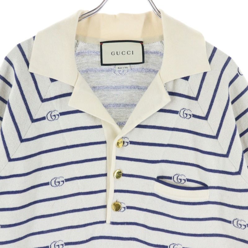 Gucci GG Striped Jacquard Cotton Wool Knit Short-sleeved Polo Shirt Ivory Blue