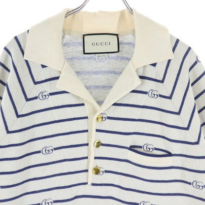 Gucci GG Striped Jacquard Cotton Wool Knit Short-sleeved Polo Shirt Ivory Blue