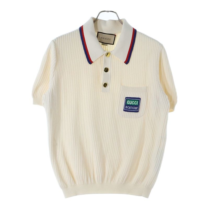 Gucci Patch Logo Cotton Ribbed Knit Short Sleeves Polo Shirt Sweater Ivory