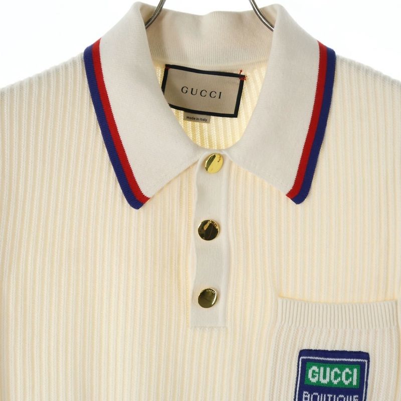 Gucci Patch Logo Cotton Ribbed Knit Short Sleeves Polo Shirt Sweater Ivory