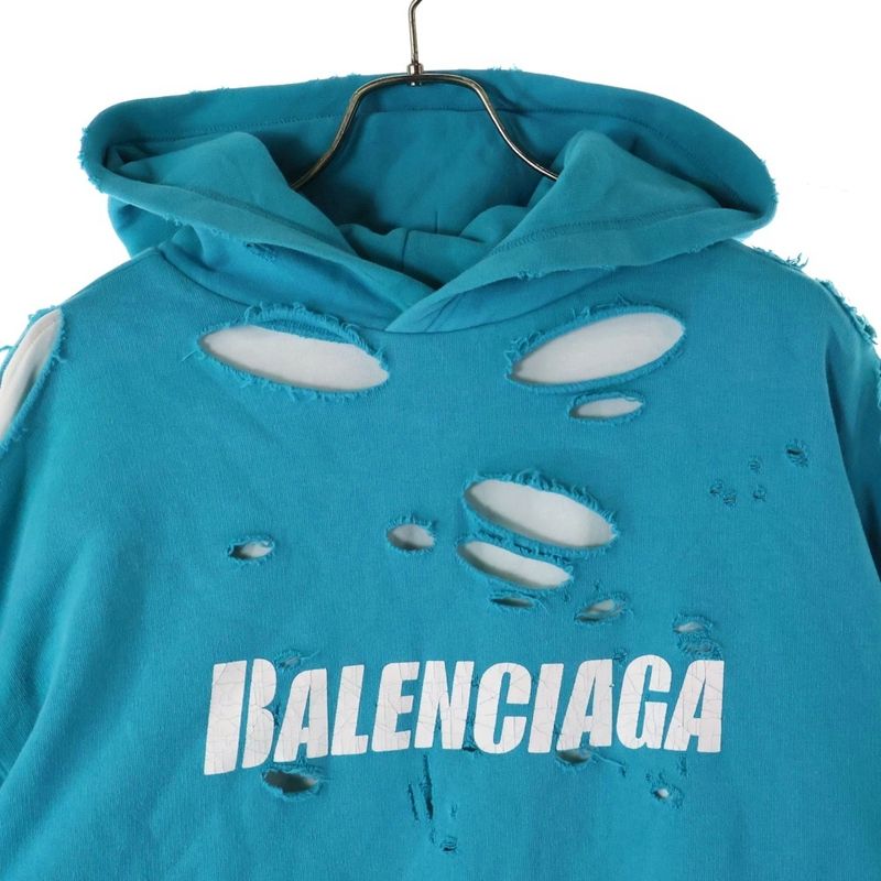 Balenciaga 21SS Caps Destroyed Hoodie Destroyed Logo Print Pullover Sweatshirt