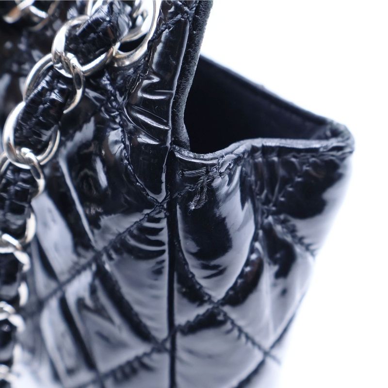 Chanel Matelasse 24 Single Flap Double Chain Shoulder Bag Black Patent Silver