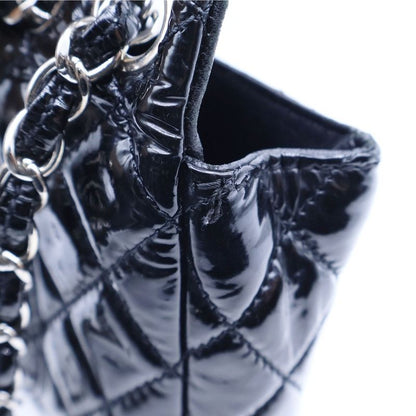 Chanel Matelasse 24 Single Flap Double Chain Shoulder Bag Black Patent Silver