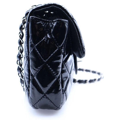 Chanel Matelasse 24 Single Flap Double Chain Shoulder Bag Black Patent Silver