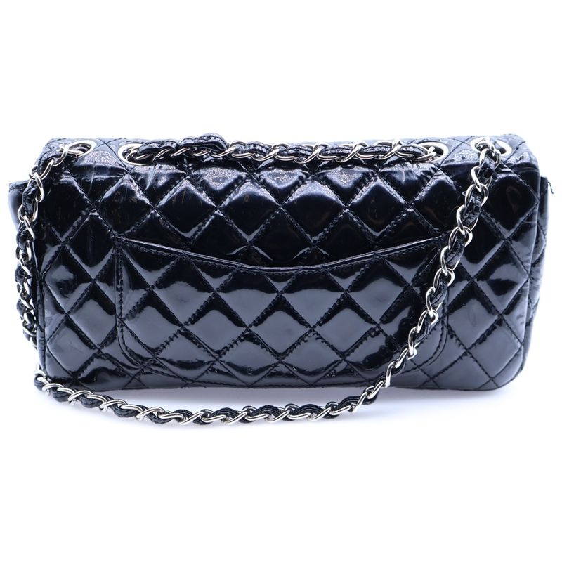 Chanel Matelasse 24 Single Flap Double Chain Shoulder Bag Black Patent Silver
